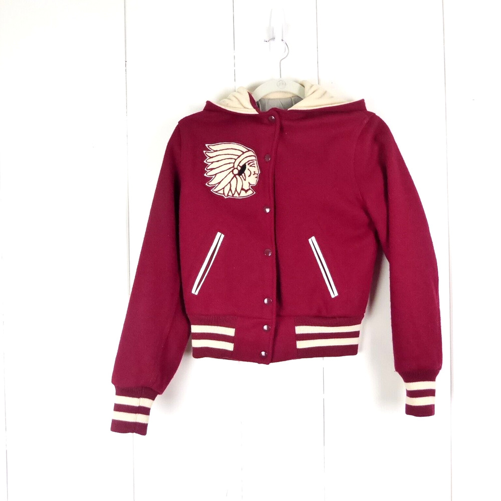 VTG Jacket WMS SZ S Letterman Varsity Hooded Preppy Scholastic Chief Logo
